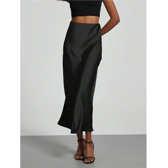 Black Satin A-Line Skirt High Waisted Long - Picture 4 of 14